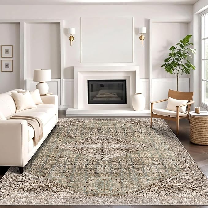 vivorug 5x7 Area Rugs - Ultra-Thin Washable Rug with Non-Slip Backing, Ideal for Living Room, Bedroom, Kitchen Floor Carpet - Vintage, Easy Clean, Durable, Turquoise/Antique