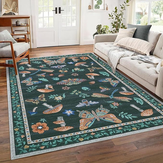 Washable Rug 5x7 Area Rugs for Living Room, Mushroom Insect Rug for Bedroom, 5x7 Rug Non Slip Throw Rugs with Rubber Back, Low Pile Stain Resistant Modern Carpet for Dining Room Dorm,Black