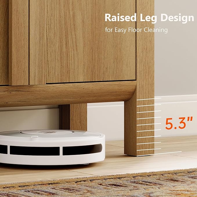 WAMPAT 63" W Large Buffet Sideboard Cabinet with Storages, Modern Buffet Table Coffee Bar Wine Bar Storage Curved Cabinet with 4 Doors for Dining Room, Living Room, Kitchen, Light Walnut