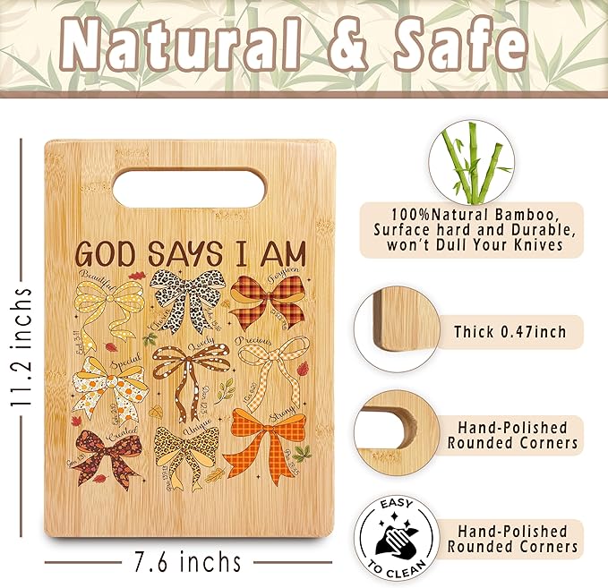 SPBL&L God Says I Am Christian Fall Cutting Board, Christian Kitchen Decor, Coquette Bow Autumn Thanksgiving Decorative Bamboo Cutting Chopping Board for Kitchen