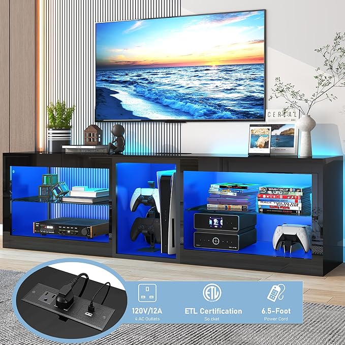 Vinctik 6&Fox LED TV Stands w/Power Outlet,60,00-Colors Lighting for 65 70in TV, 63" Modern High Gloss Entertainment Center,TV Console W/Adjustable Glass Shelves for Living Room Game Bedroom (Black)
