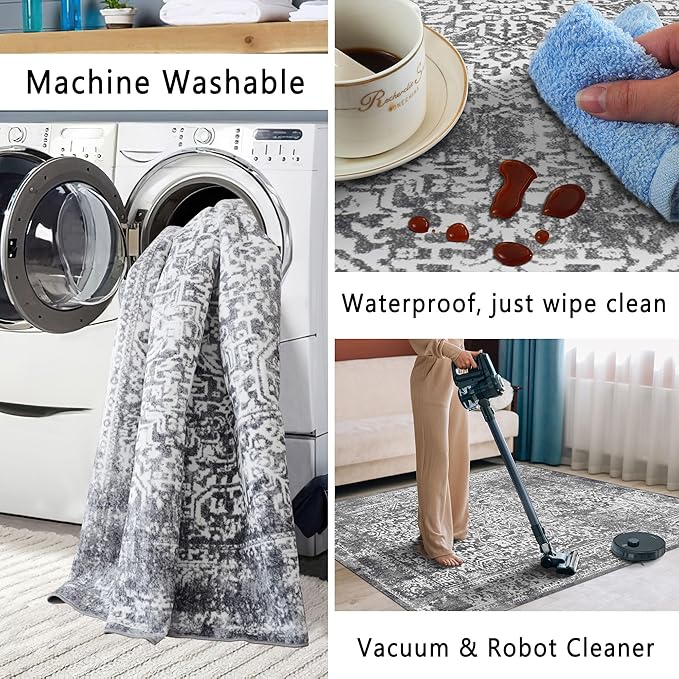 vivorug 3x5 Area Rugs, Stain Resistant Washable Rug for Living Room, Vintage-Inspired Grey Rug
