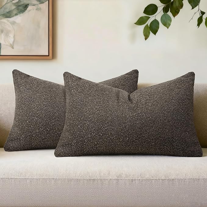Textured Boucle Pillow Covers 12x20 Inch Set of 2, Striped Solid Pillowcases Cozy Soft Modern Accent Boho Lumbar Decorative Throw Pillows for Couch Sofa Bed Living Room Home Decor, Brown