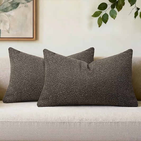Textured Boucle Pillow Covers 12x20 Inch Set of 2, Striped Solid Pillowcases Cozy Soft Modern Accent Boho Lumbar Decorative Throw Pillows for Couch Sofa Bed Living Room Home Decor, Brown