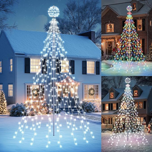 Flacchi 10 FT 432 LED Ball String Lights Outdoor - Pole Set with Remote, Multiple Lighting Modes, Timer, and Waterproof Feature for Ultimate Holiday Decor (Cool White & Multicolor)