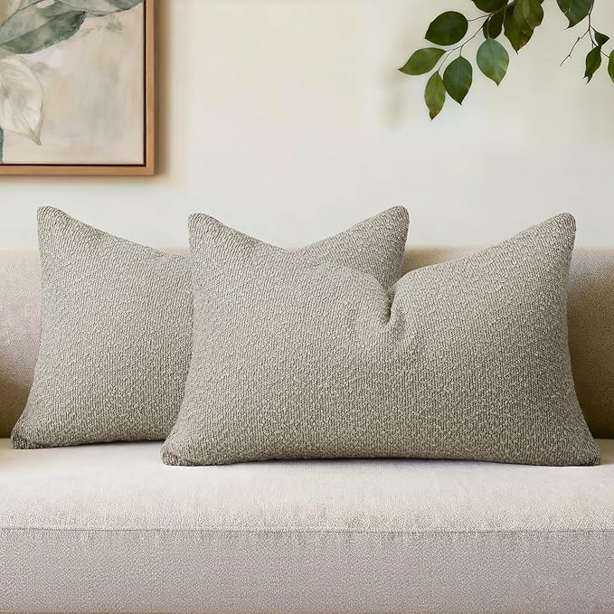 Textured Boucle Pillow Covers 12x20 Inch Set of 2, Striped Solid Pillowcases Cozy Soft Modern Accent Boho Lumbar Decorative Throw Pillows for Couch Sofa Bed Living Room Home Decor, Oatmeal
