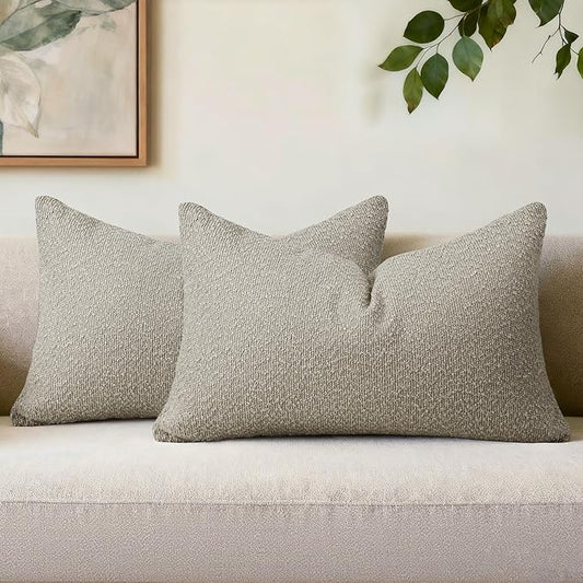 Textured Boucle Pillow Covers 12x20 Inch Set of 2, Striped Solid Pillowcases Cozy Soft Modern Accent Boho Lumbar Decorative Throw Pillows for Couch Sofa Bed Living Room Home Decor, Oatmeal