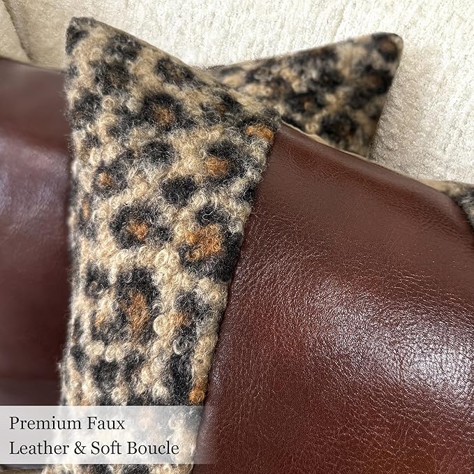 Cheetah Pillow Covers 18x18 Set of 2, Brown Faux Leather & Leopard Print Boucle Accent Throw Pillow Cover, Decorative Boho Farmhouse Pillowcases Cushion Cover Couch Bed Livingroom Home Decor