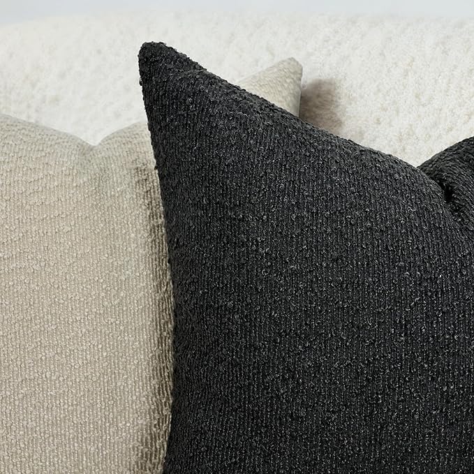 Textured Boucle Pillow Covers 18x18 Inch Set of 2, Striped Solid Pillowcases Cozy Soft Modern Accent Boho Square Decorative Throw Pillows for Couch Sofa Bed Living Room Home Decor, Black