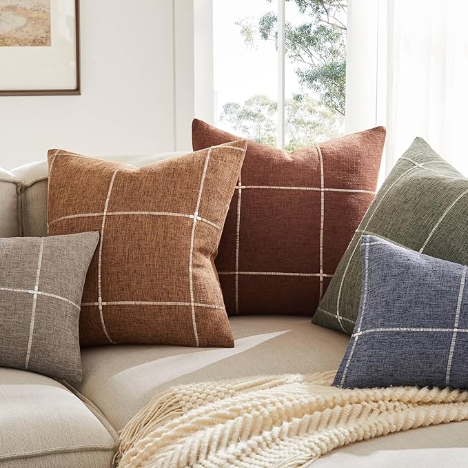 2 Packs Grid Embroidery Throw Pillow Covers, 22x22 Inch Navy Blue, Farmhouse Linen Decorative Navy Blue Cushion Covers for Sofa Bed Living Room Home Decor