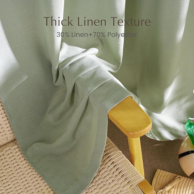 NICETOWN Thick Linen Greyish Green Curtains 84 inches Long for Bedroom, Grommet Linen Blend Semi Sheer Privacy Added Flax Light Filtering Window Treatments for Farmhouse, W55 x L84