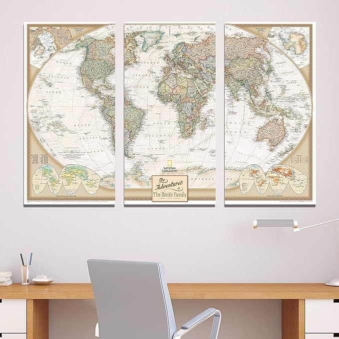 3 Panel - Personalized Canvas Executive World Travel Map with pins- Extra Large Wall Map