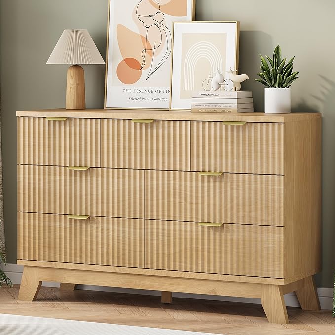 Fluted Dresser for Bedroom with 7 Drawers, 48" Wide Modern Chest of Drawers with Metal Handle, Wood Dresser TV Stand, Wooden Closet Clothes Storage Organizer for Living Room, Hallway, Natural Oak
