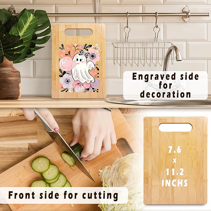 SPBL&L Halloween Floral Pink Ghost Cutting Board, Halloween Gifts for Women, Ghost Kitchen Decor, Coquette Spooky Season Decorative Bamboo Cutting Chopping Board for Kitchen