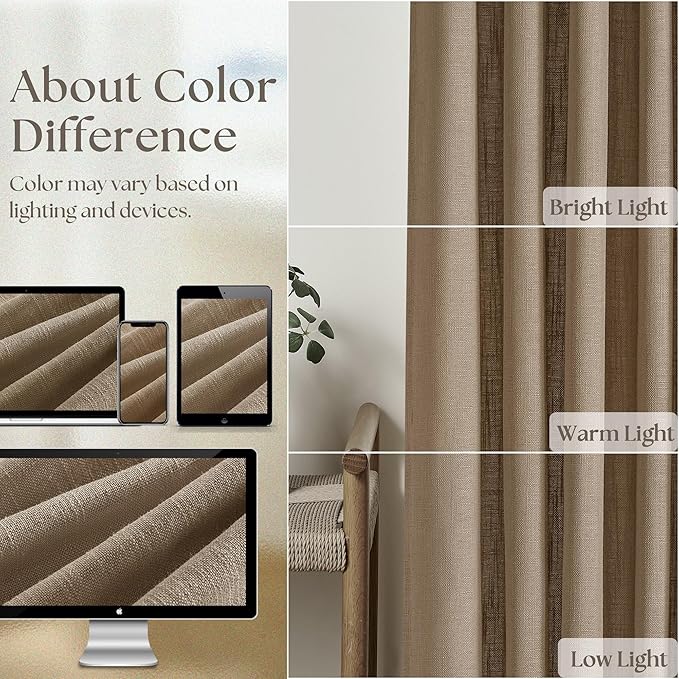 80 Inch Pinch Pleated Linen Curtains 2 Panels for Living Room Bedroom Boho Farmhouse Light Copper Brown Tan Latte Semi Sheer Back Tab Pinch Pleat with Hooks Rings Window Curtain 80 Inches Long