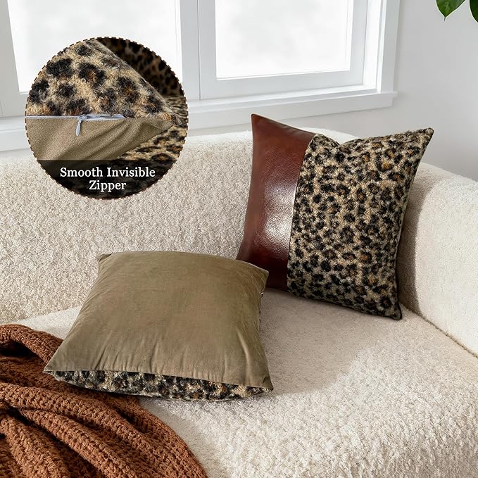 Cheetah Pillow Covers 18x18 Set of 2, Brown Faux Leather & Leopard Print Boucle Accent Throw Pillow Cover, Decorative Farmhouse Pillowcases Cushion Cover Couch Sofa Bed Livingroom Home Decor