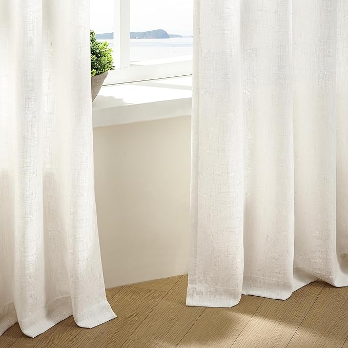90 Inch Pinch Pleated Linen Curtains 2 Panel Set for Living Room Cream Natural Thick Linen Textured Drapes 90 Inches Long Pinch Pleat Drapes Birch Ivory Semi Sheer Curtain for Dining Bedroom Office