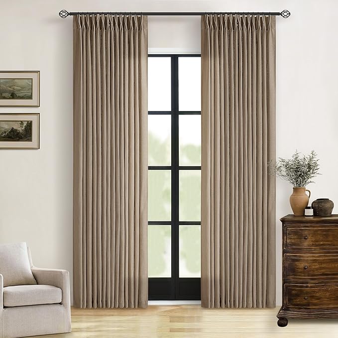 80 Inch Pinch Pleated Linen Curtains 2 Panels for Living Room Bedroom Boho Farmhouse Light Copper Brown Tan Latte Semi Sheer Back Tab Pinch Pleat with Hooks Rings Window Curtain 80 Inches Long