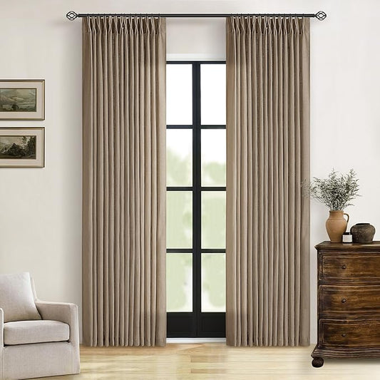 80 Inch Pinch Pleated Linen Curtains 2 Panels for Living Room Bedroom Boho Farmhouse Light Copper Brown Tan Latte Semi Sheer Back Tab Pinch Pleat with Hooks Rings Window Curtain 80 Inches Long
