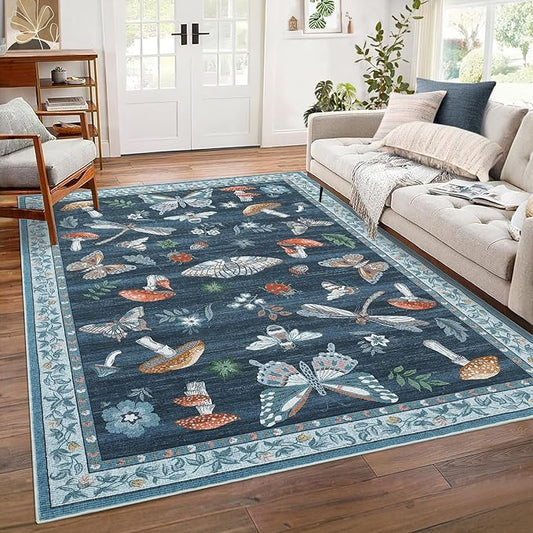 Area Rugs 4x6 Non-Slip Washable Carpet - Mushroom Soft Low-Pile Stain Resistant Foldable Rug for Nursery Kitchen Bedroom Living Room Entryway Indoor Mat with Rubber Back Blue