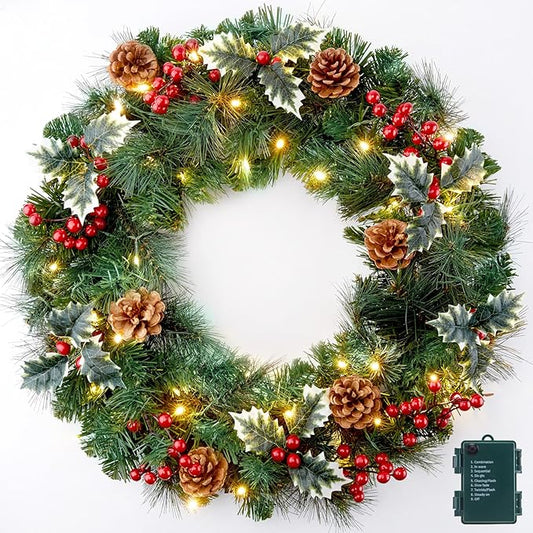 24 Inch Prelit Christmas Wreath for Front Door, Battery Operated LED Christmas Wreath with Pine Needles Branches Hari Leaves Red Berry Pine Cones, Lighted Wreath Wall Windows Decoration