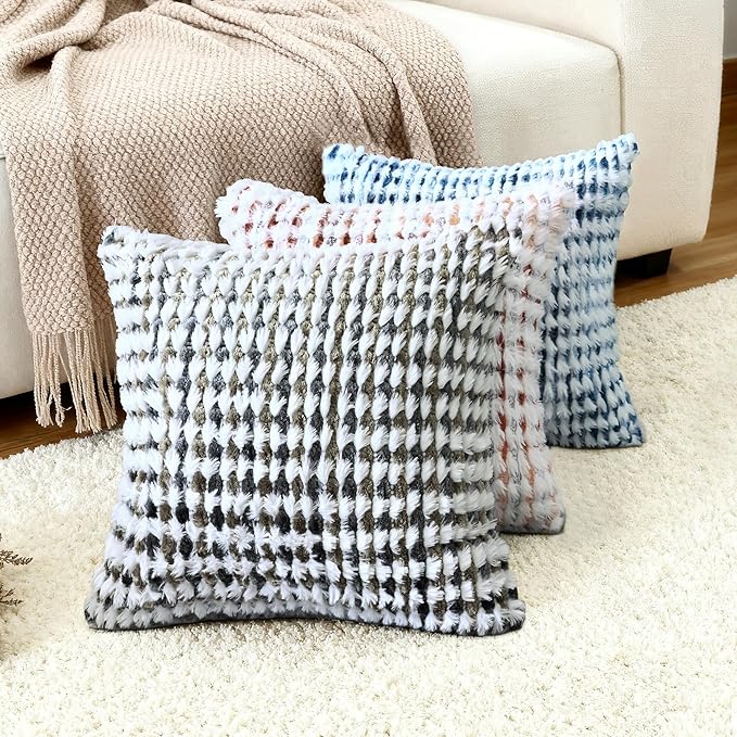 Boho Chenille Tufted Pillow Cover 24x24 Inch Set of 1, Farmhouse Striped Decorative Pillow Covers Accent Fluffy Neutral Square Pillowcases for Couch Sofa Bedroom Living Room, Brown Gray