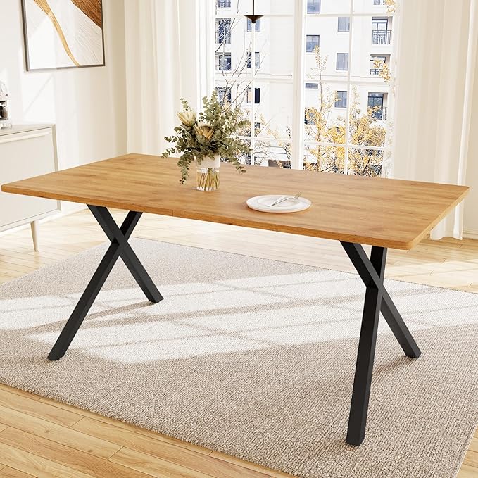 63" Modern Dining Table for 6 People, Large Rectangle Kitchen Table with X-Shaped Legs, Industrial Dining Room Furniture for Dinner, Apartment, Oak