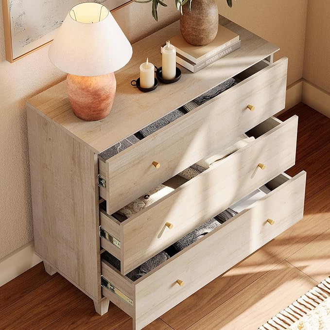 WAMPAT Bedroom Dresser with 3 Drawers, 35.4" Wide Wood Kids Dressers, Chest of Drawers, Modern Closet Organizer Bachelors Chest w/Solid Wood Legs for Living Room, Baby Room, Nursery, Light Oak