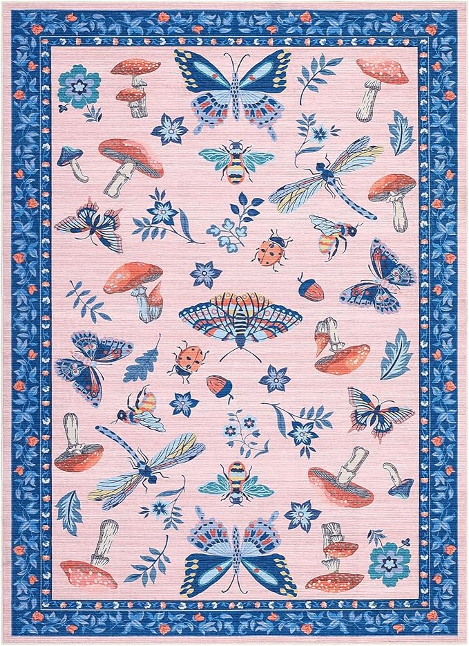 Mushroom Insect 8x10 Area Rugs, Washable Rugs for Living Room Non Slip Stain Resistant Low Pile Modern Butterfly Carpet for Bedroom Dining Room Nursery Playroom Office, Blue Pink