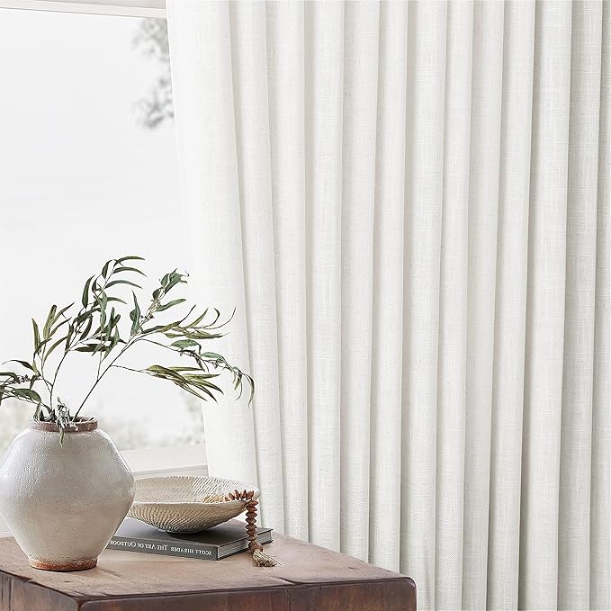 90 Inches Long Linen Curtains 60 Inch Width Pinch Pleated 90 Inch Length for Living Room Bedroom Ivory Off White Semi Sheer Back Tab Hooks Rings Pinch Pleat Curtains for Patio Glass Door 1 Panel