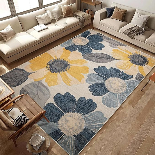 Area Rug 8X10 Entryway Oriental Flower Print Modern Vintage Floral Aesthetic Rugs Machine Washable Soft Rug Contemporary Carpet for Entrance Living Room Bedroom Dining Room Office Indoor