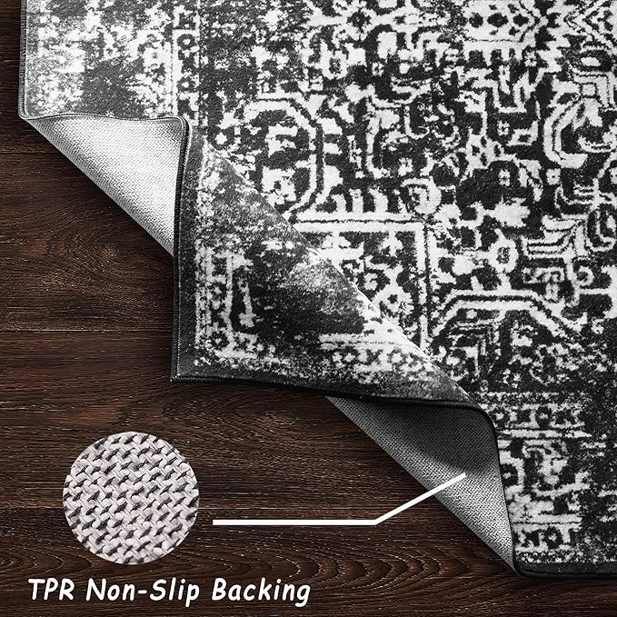 vivorug Black Runner Rug 2x10 Machine Washable Rug with Non-Slip Backing, Ideal for Kitchen Hallway Entryway Laundry Room - Vintage, Durable, Easy Clean, Low Pile Carpet Runner