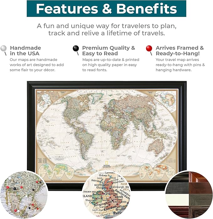 Push Pin Travel Maps Customizable Wall Art - Executive World - Solid Wood Cherry - Framed Pin Map, Includes 150 Pins - Handcrafted in USA - 27.5" x 39.5"