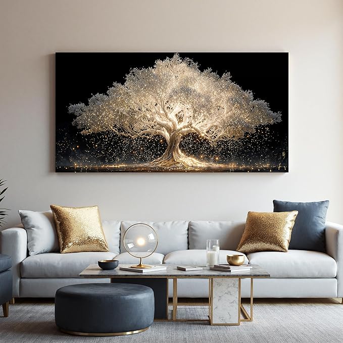 Canvas Wall Art Decor Large Gold Fantasy Tree Of Life Wall Canvas Art For Living Room Pictures Art Decor Artwork White Modern Aesthetics Prints For Home Bedroom Office Room Wall Decor 24×48 Inch
