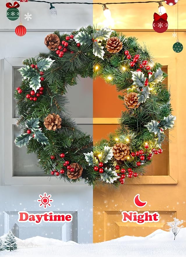 24 Inch Prelit Christmas Wreath for Front Door, Battery Operated LED Christmas Wreath with Pine Needles Branches Hari Leaves Red Berry Pine Cones, Lighted Wreath Wall Windows Decoration