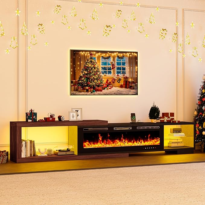 82-116" Electric Fireplace Extendable TV Stand, Modern Entertainment Center with LED Lights and Power Outlet for Up to 120 Inch TV for Living Room Bedroom, Black & Walnut