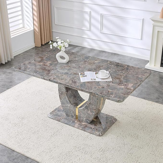 JUFU 63" Faux Marble Dining Table for 6, Rectangular Marble-Look MDF Tabletop, U-Shaped Pedestal Base, Easy Assembly Kitchen & Dining Room Table, Dark Gray Finish