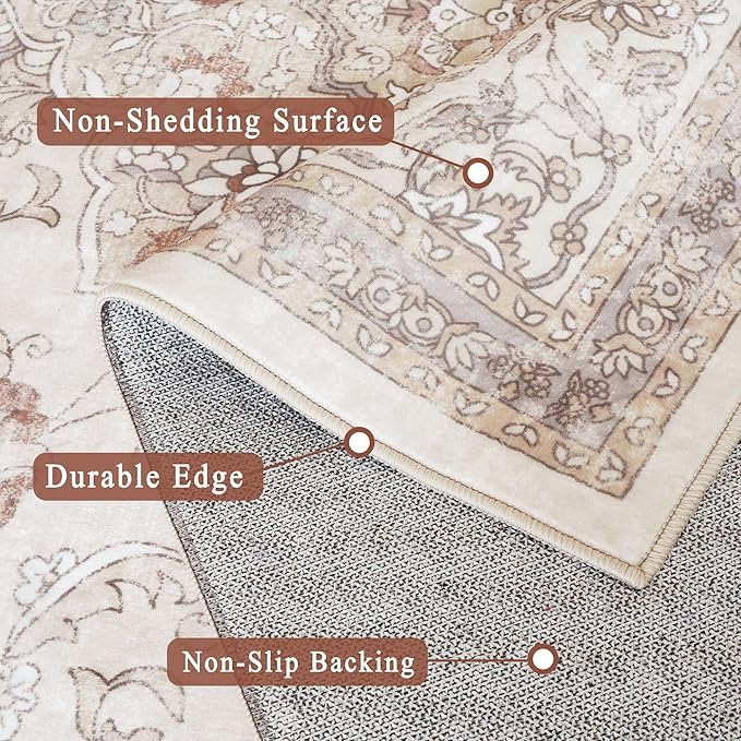 vivorug 4x6 Rug, Small Neutral Area Rug for Living Room, Bedroom, Kitchen, Machine Washable Non-Slip Throw Rug, Vintage Floral Carpet for Entryway Nursery Coffee Table - Durable (Beige)