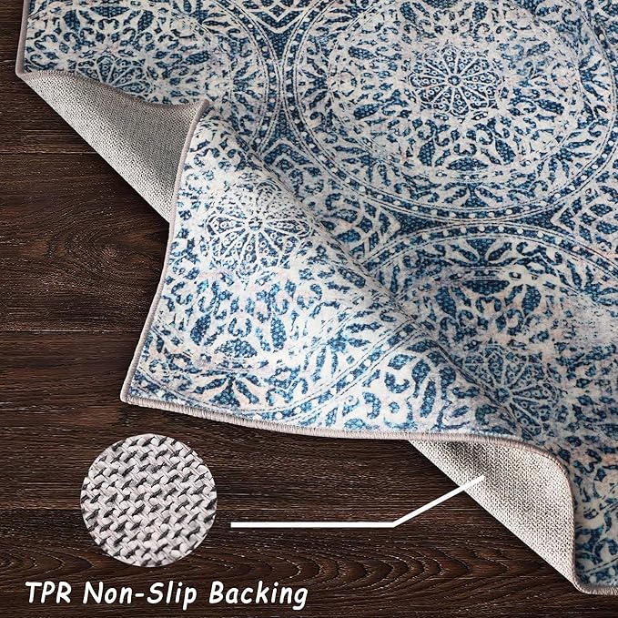 vivorug 6x9 Area Rugs, Ultra-Soft Washable Rug for Living Room Dinner Room Bedroom, Non-Slip Vintage Rug, Indoor Carpet Large Area Rug, Blue