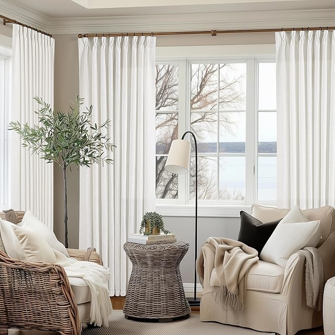 90 Inches Long Linen Curtains 60 Inch Width Pinch Pleated 90 Inch Length for Living Room Bedroom Ivory Off White Semi Sheer Back Tab Hooks Rings Pinch Pleat Curtains for Patio Glass Door 1 Panel