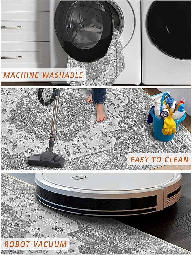 vivorug 4x6 Area Rugs, Stain Resistant Washable Rug for Living Room, Vintage-Inspired Grey Floral Rug