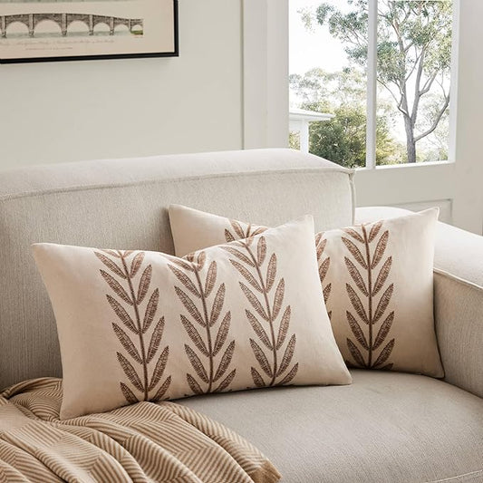 100% Cotton Farmhouse Leaves Lumbar Throw Pillow Covers Set of 2, 12x20 Inch Caramel Pastoral Decorative Print Cushion Covers for Sofa Bed Living Room Home Decor