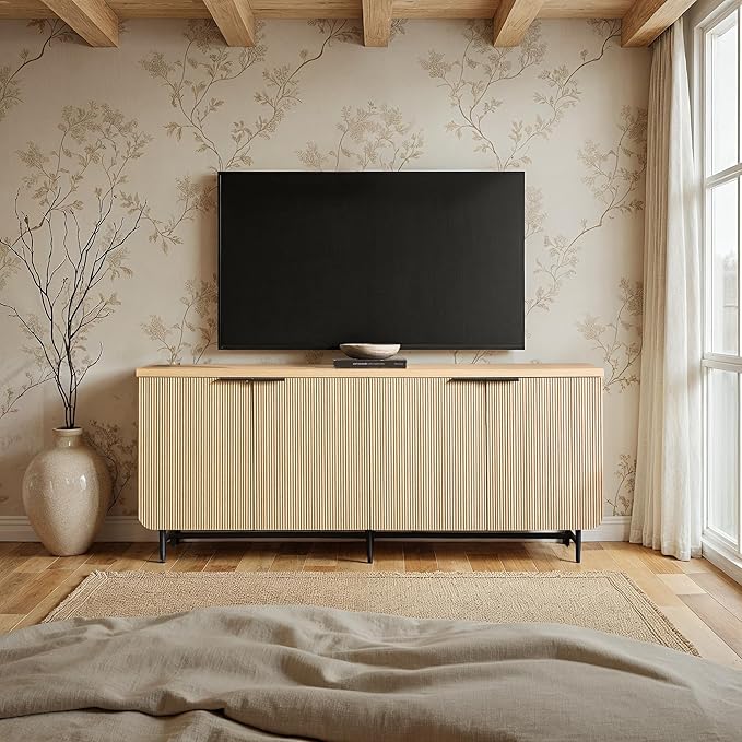 Walker Edison Reema Fluted 4-Door Kitchen Sideboard Buffet Console, 69 Inch, Coastal Oak