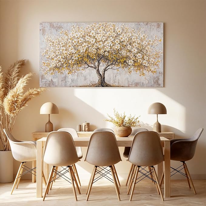 Canvas Wall Art Decor White Tree Of Life Wall Canvas Art For Living Room Pictures Wall Decor Golden Vintage Art Prints Decorative Painting Artwork For Bedroom Office Room Wall Decor 20×40 Inch