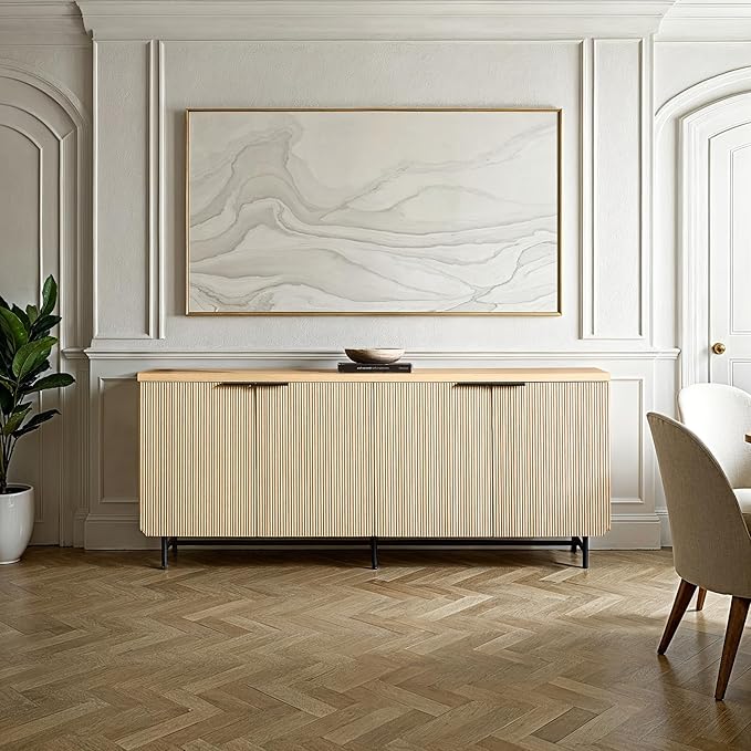 Walker Edison Reema Fluted 4-Door Kitchen Sideboard Buffet Console, 69 Inch, Coastal Oak