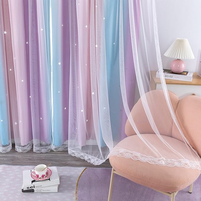 XiDi Purple Curtains for Bedroom, Curtain for Kids Room, Pink Curtain Double Layer Drapes 42 Inchs Long 34 inches Wide 1 Panel
