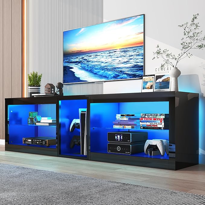 Vinctik 6&Fox 71inch Large High Gloss LED TV Stands w/Power Outlet,60,000-Colors Lighting for 70 75 80inch TV,Modern Black LED Entertainment Center w/Adjustable Glass Shelves for Living Room Gameroom