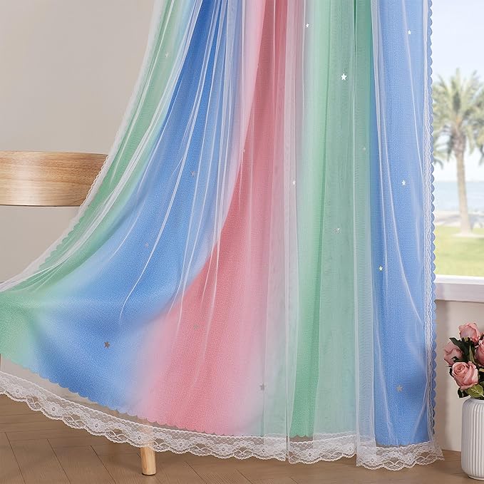 XiDi Pink Curtains for Bedroom Decor Blackout Curtains for Girl Room Rainbow Curtains for Kids Room Unicorn Wall Decals Blue Curtains Green 34X72 Inch Long 1