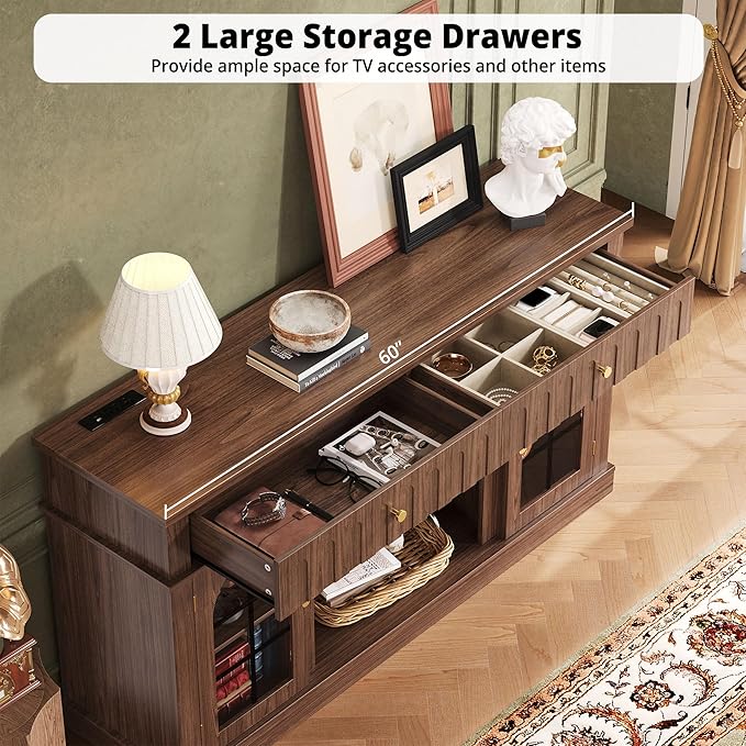 IRONCK TV Stand for 65 Inch TV, Entertainment Center with Charging Station and and Fireplace Mantel, Arched Design, Mid Century Modern TV Stands for Living Room and Bedroom, Walnut Brown