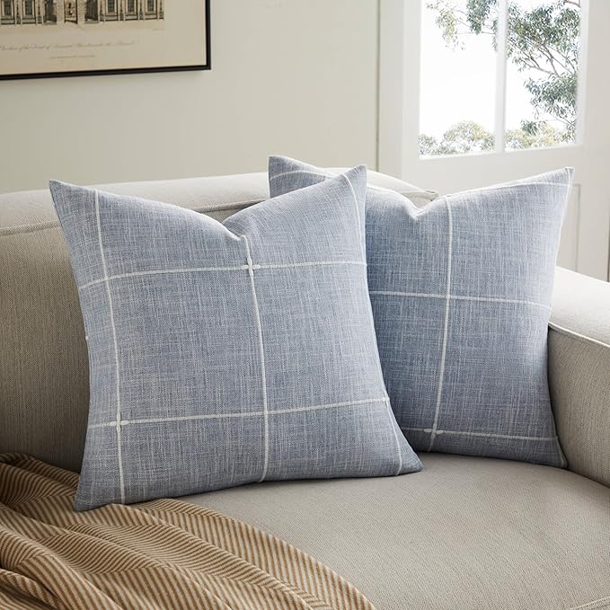 2 Packs Grid Embroidery Throw Pillow Covers, 22x22 Inch Blue, Farmhouse Linen Decorative Dusty Blue Cushion Covers for Sofa Bed Living Room Home Decor